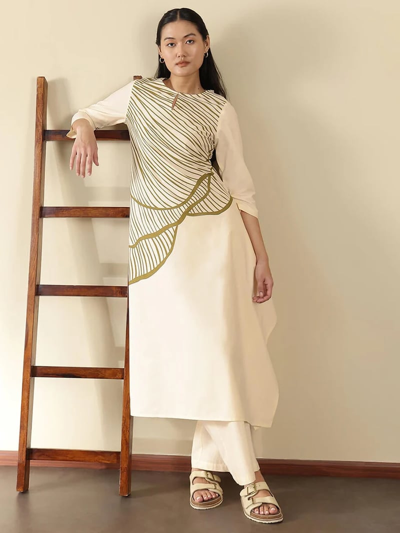 Cotton Abstract Placement Print Kurta - Off White — Pink Fort