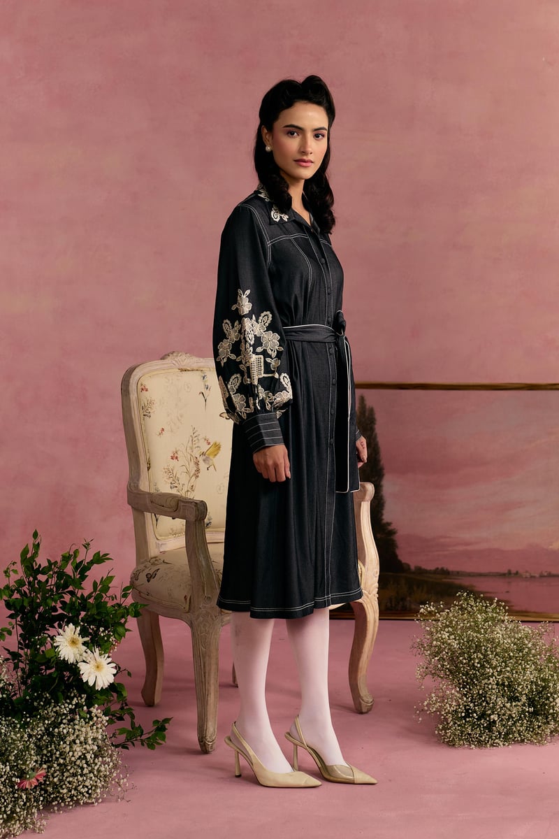 Black Shirt Dress with Embroidered Sleeves and Tie Belt