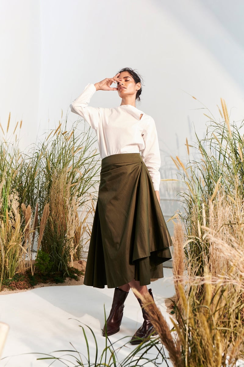 Dark Green Cotton Twill Wrap Midi Skirt