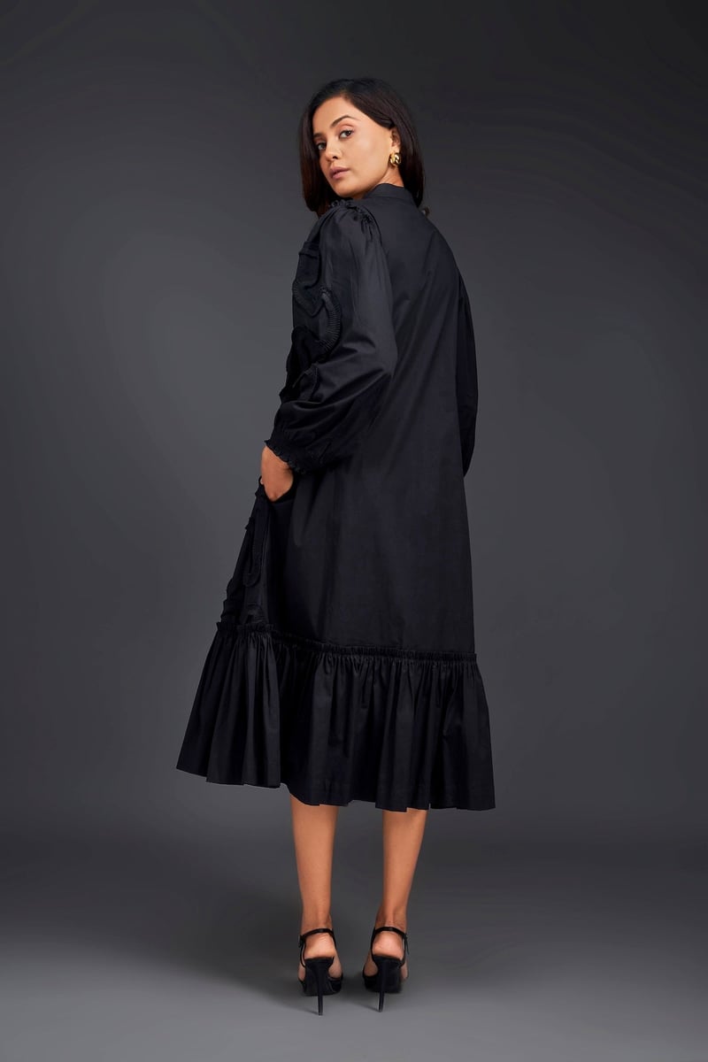 SHIRT DRESS WITH PLEATED FRILL DETAILING ON ONE SIDE