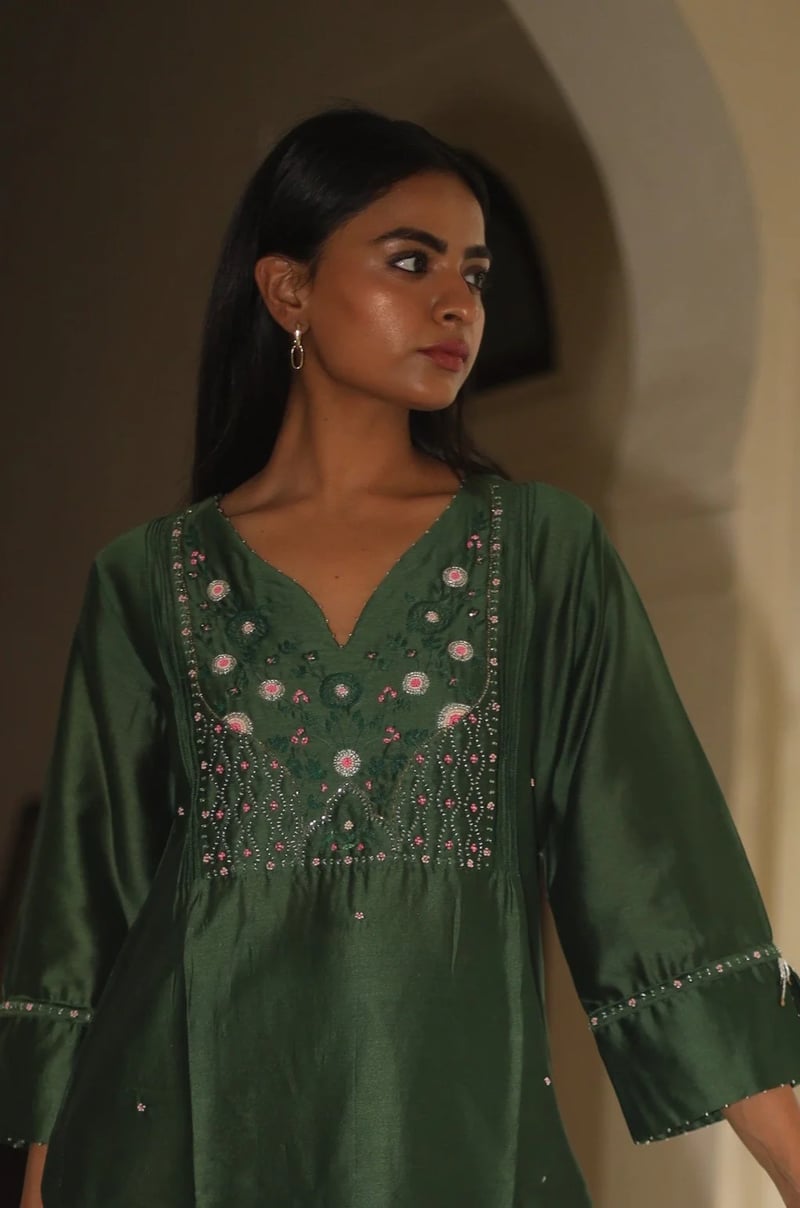 Bottle Green Chanderi Embellished Yoke Kurta Set