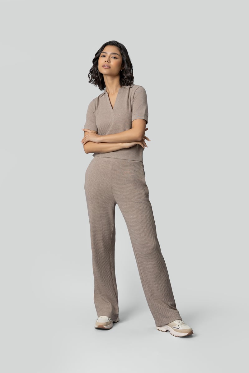 Beige Ottoman Rib Flared Lounge Pants
