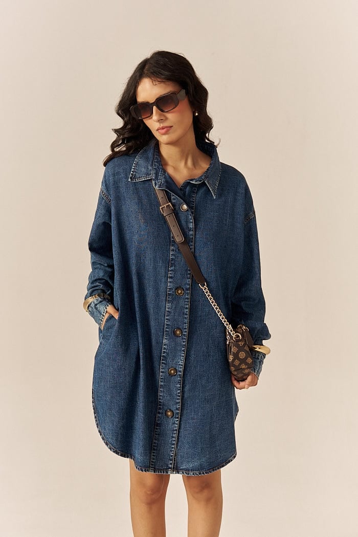 Blue Denim Relaxed Shirt Dress with Pockets