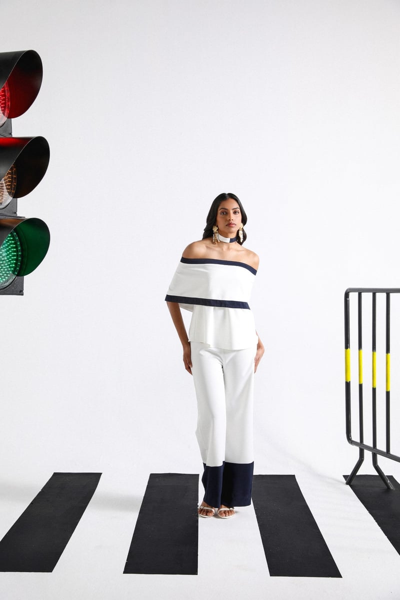 White and Navy Off-Shoulder Co-ord Set with Bootcut Pants — Shivya K