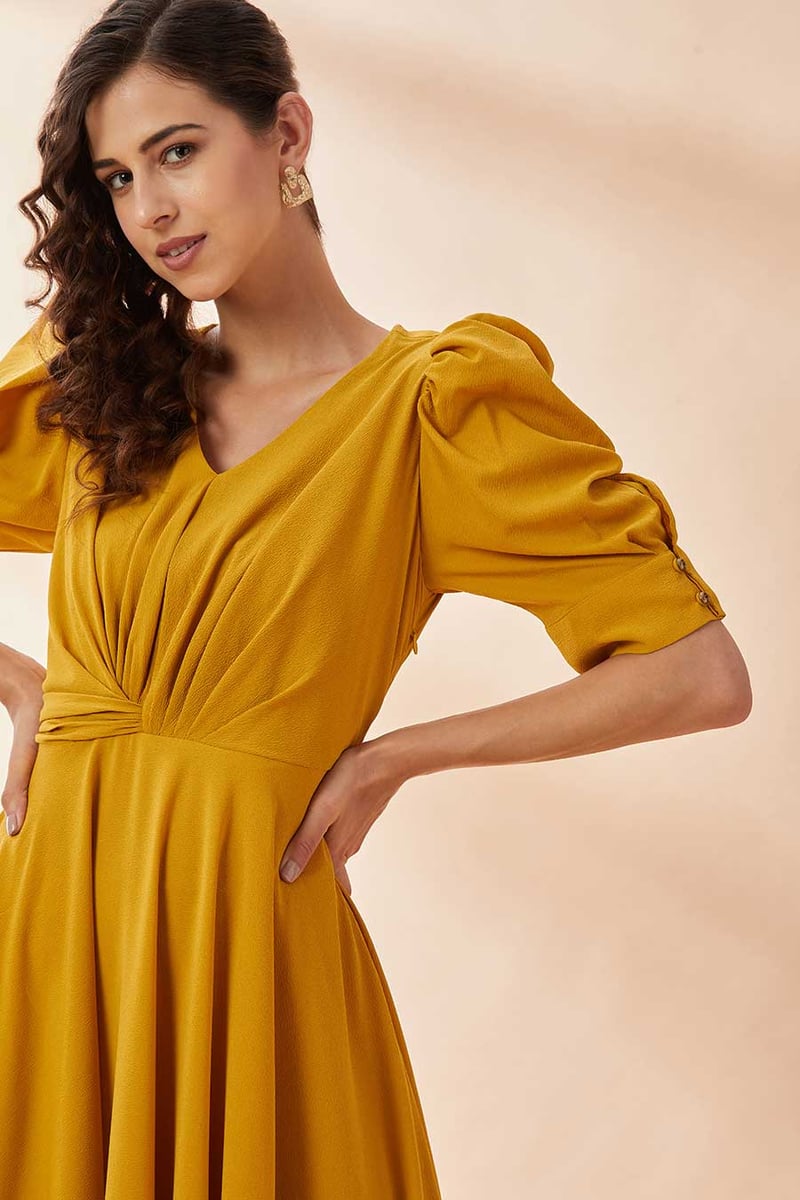 Mustard Yellow Drape Maxi Gown Dress with Angel Sleeves