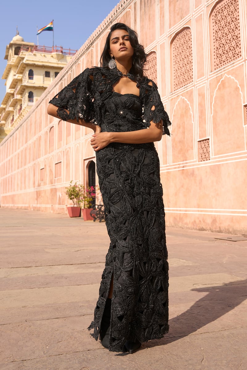 Black Metallic Lace Cape with Sequin Detail