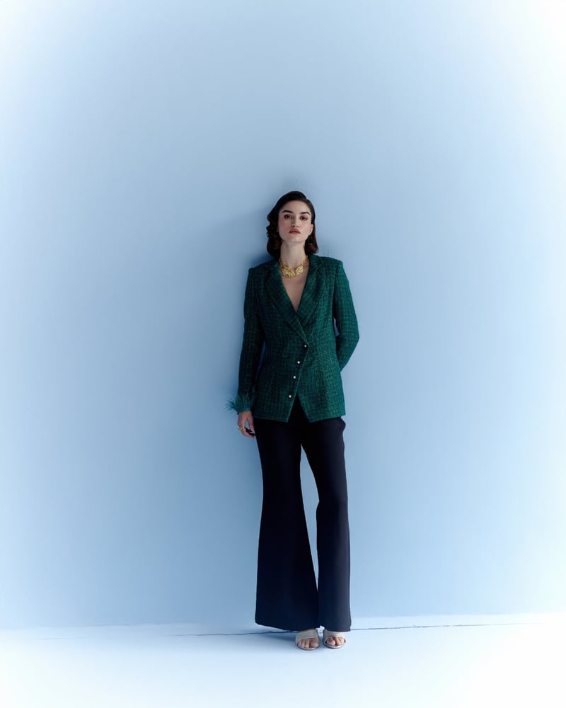Deep Green Checked Tweed Blazer with Pearl Buttons