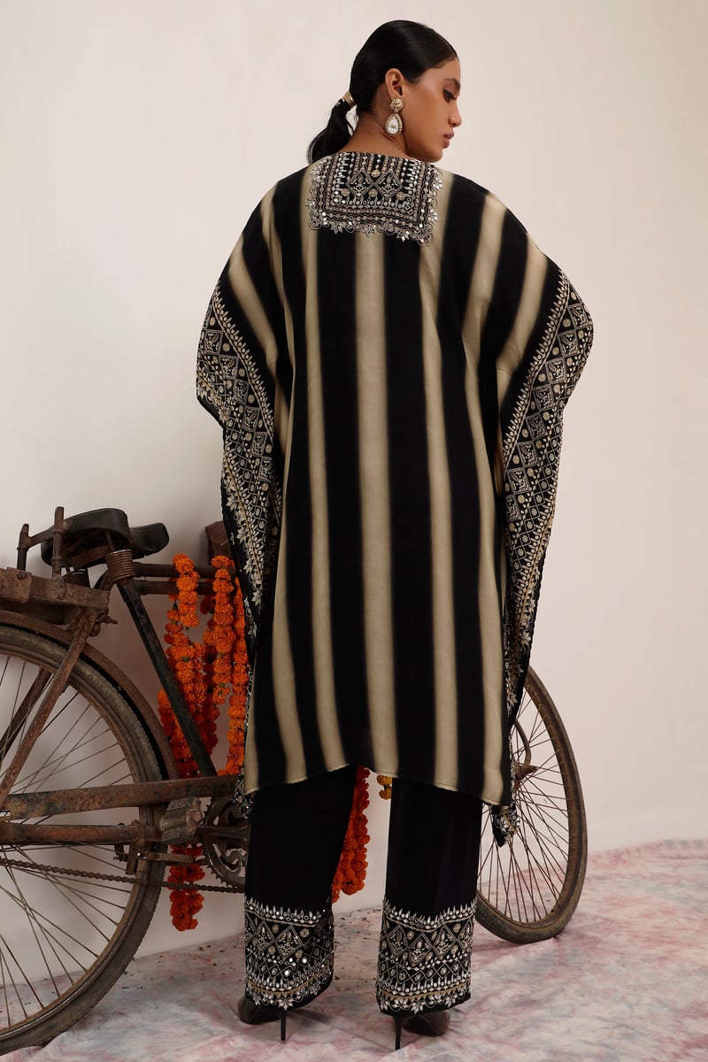 Black and Beige Striped Embellished Kaftan Kurta Set