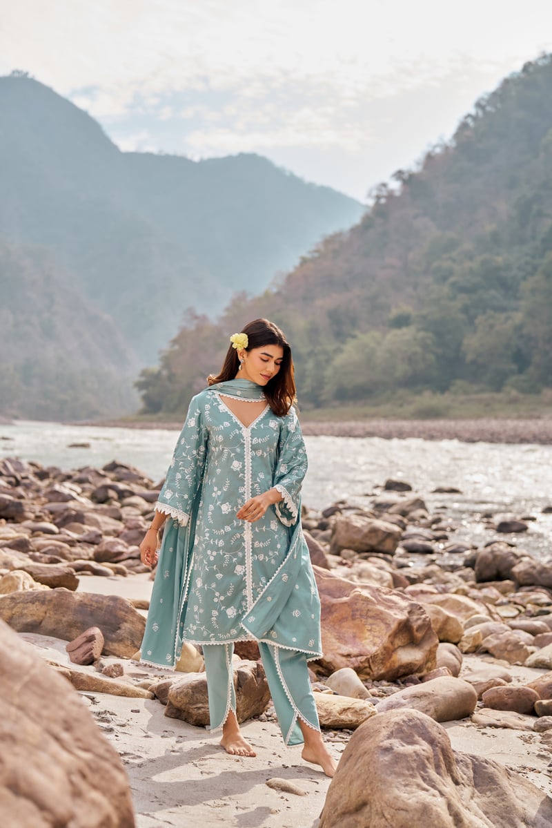 Blue Cotton Embroidered Kurta Set with Dupatta