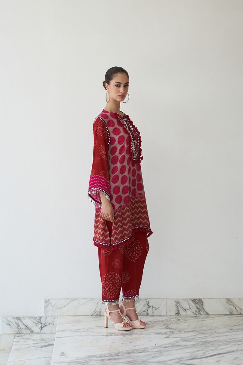 Pink Printed Mirror Work Kurta Set with Pants