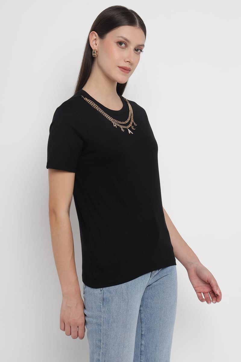 Black Crewneck T-Shirt with Chain Neckline Detail