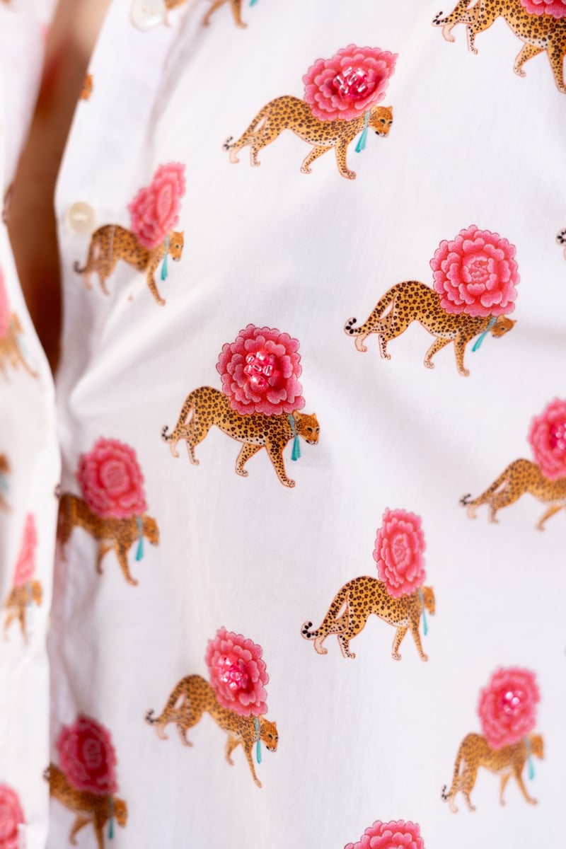 White Oversized Printed Cotton Shirt with Beadwork