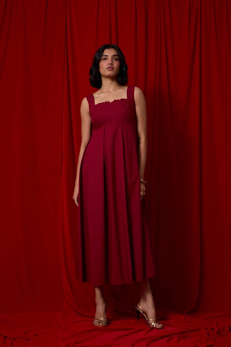 Wine Red Embroidered Neckline Fit and Flare Midi Dress — The Summer House
