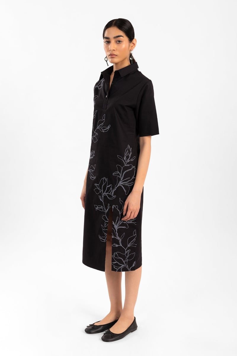 Black Embroidered Collared Midi Dress with Front Slit