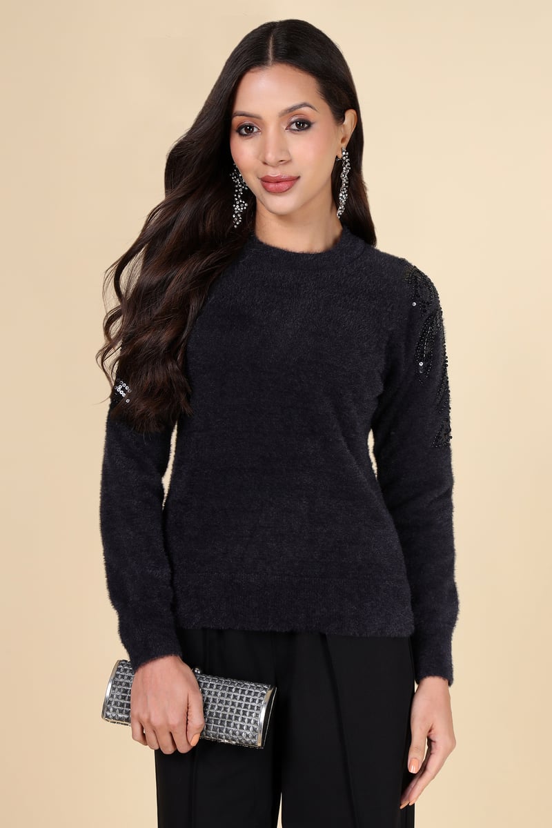 Black Embellished Shoulder Pullover Sweater