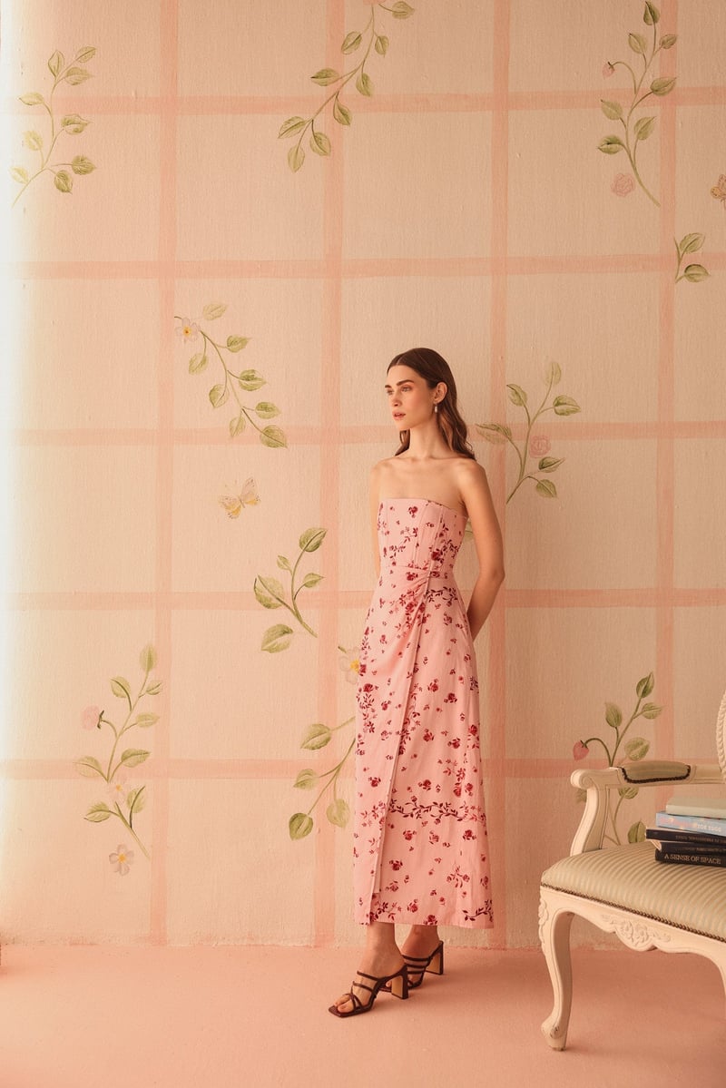 Pink Red Floral Strapless Corset Maxi Dress