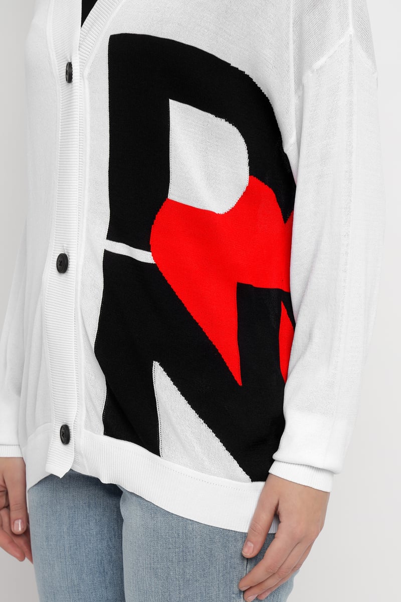 White Colorblock Graphic Button-Up Longline Cardigan