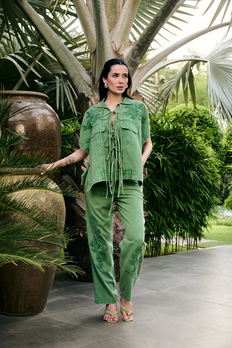 Green Denim Embroidered Tie-Up Co-ord Set — KAY KAY