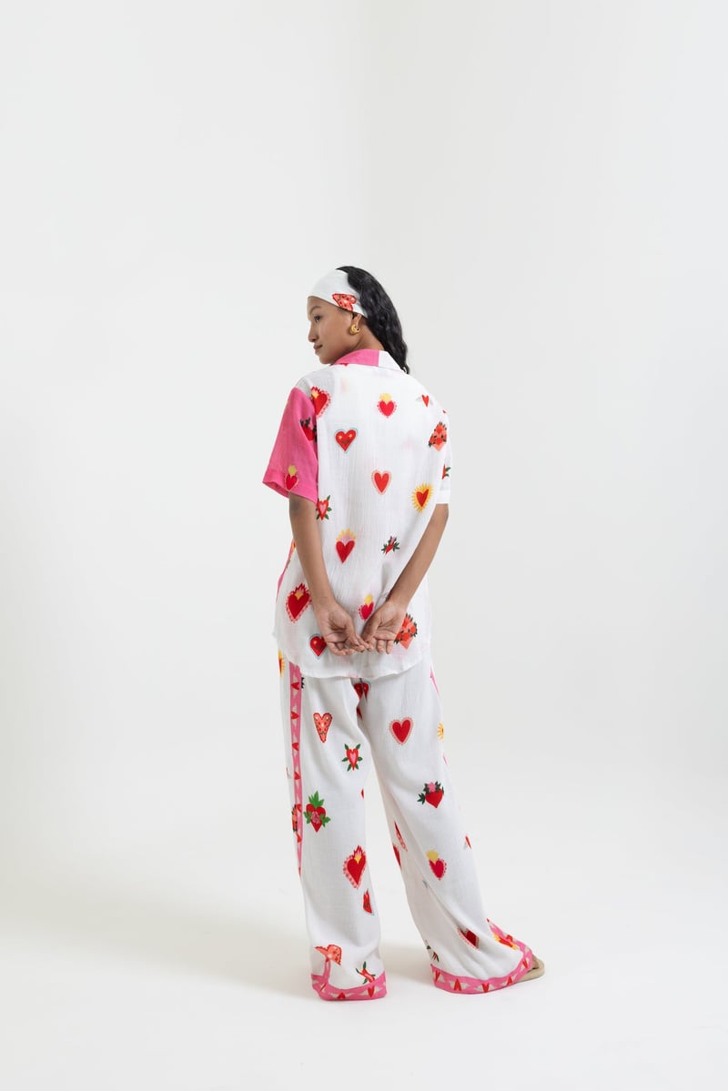 White and Pink Colorblock Heart Print Button-Up Shirt