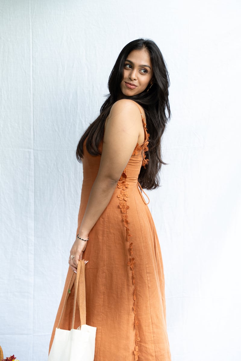 Tangerine Linen Fit and Flare Midi Dress with Corset Back