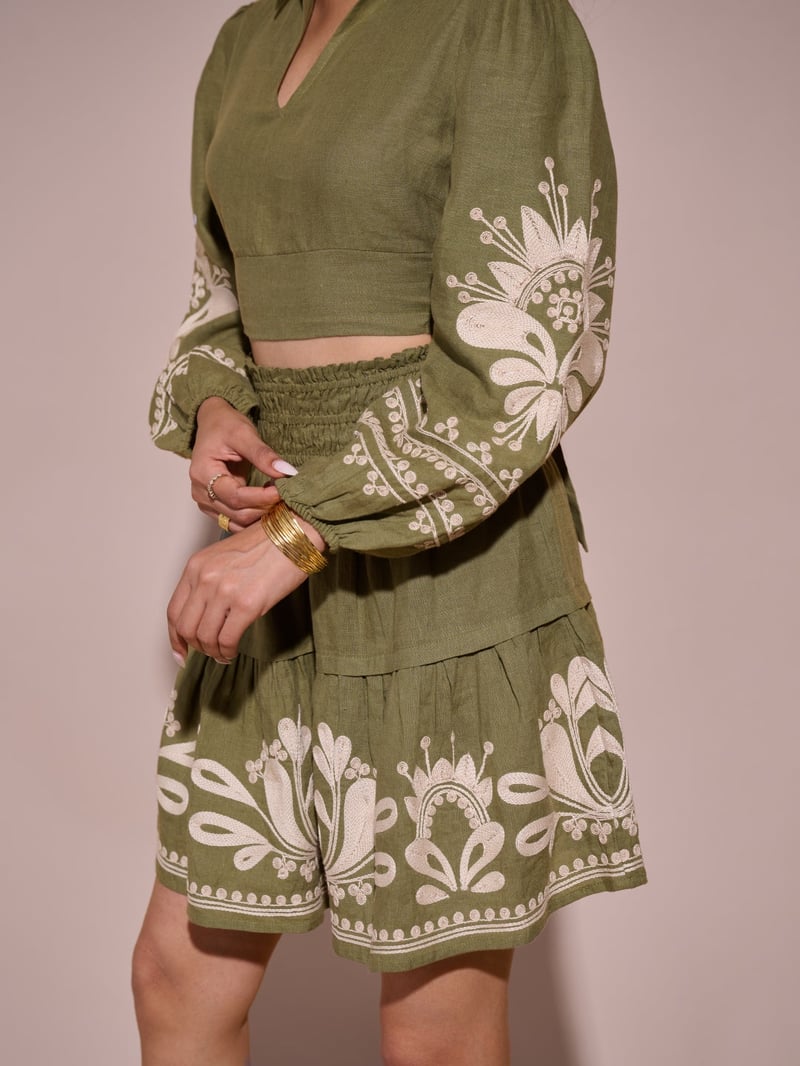 Green Linen Tiered Mini Skirt with Embroidered Hem