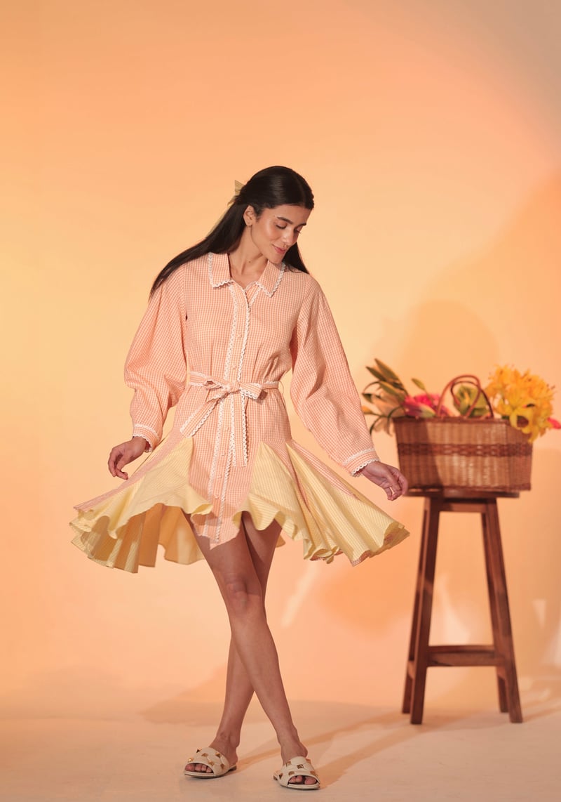 Pastel Checked Belted Shirt Dress with Lace Trim