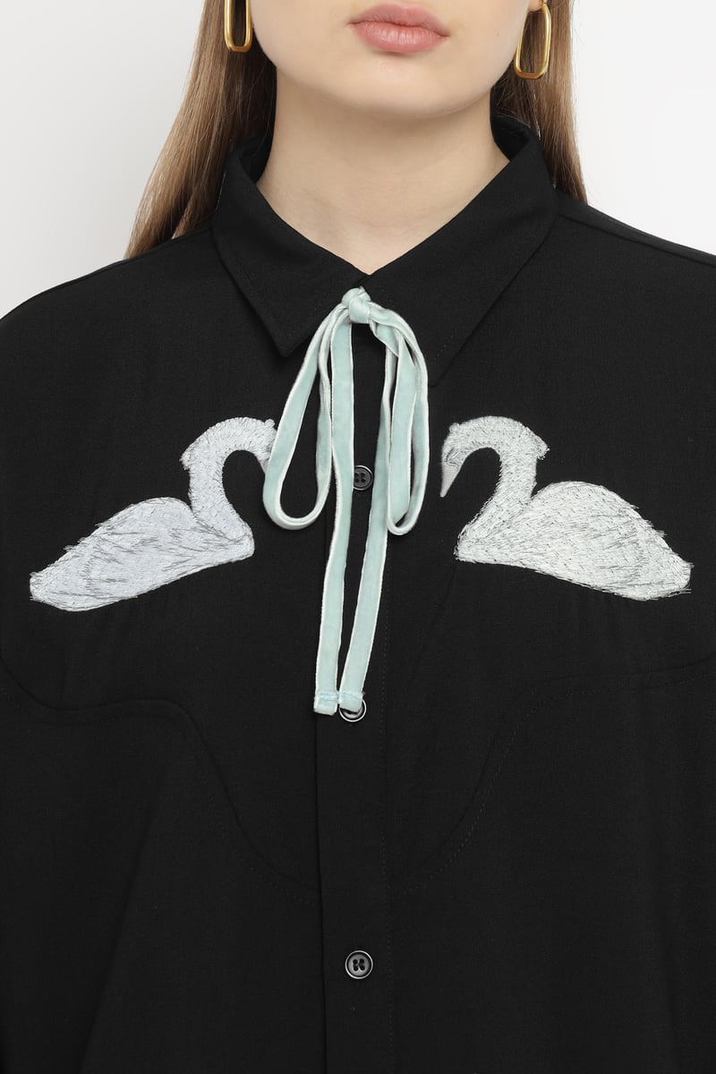 Black Oversized Swan Embroidered Shirt with Satin Necktie