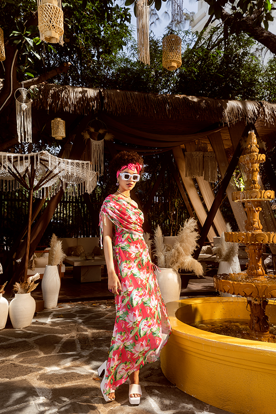 Hot Pink One-Shoulder Floral Maxi Dress With Drawstring Slit