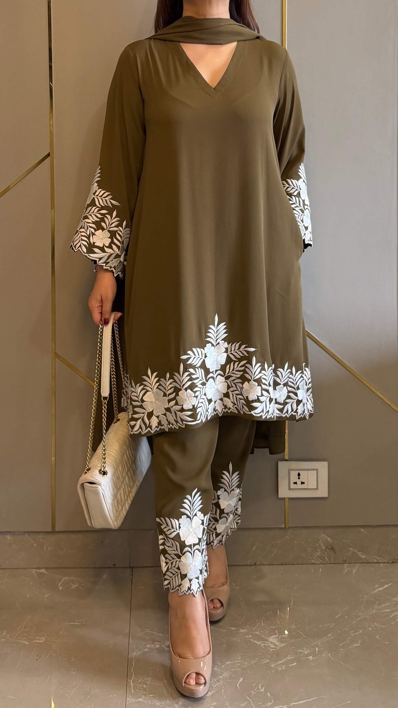 Olive Embroidered Kurta and Pant Co-ord Set