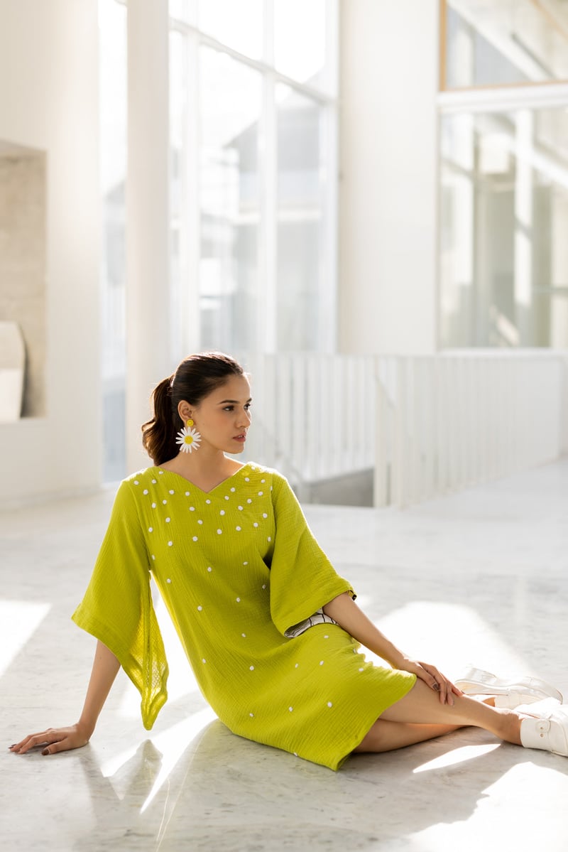 Green Straight Knee-Length Dress with Applique Dots