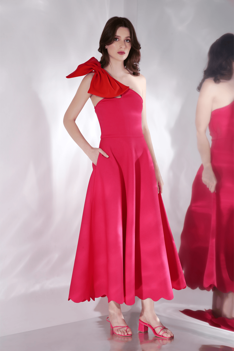 Hot Pink Fit and Flare Midi Dress with Detachable Bow
