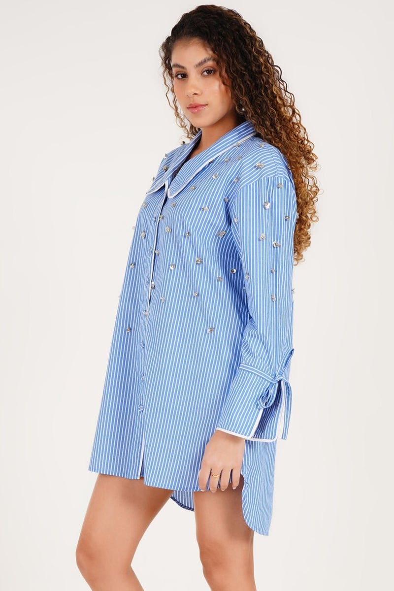 Blue Striped Pearl-Embellished Oversized Shirt Dress
