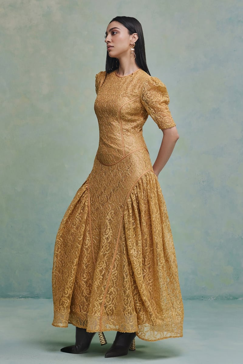 Yellow Chantilly Lace Basque-Waist Maxi Dress