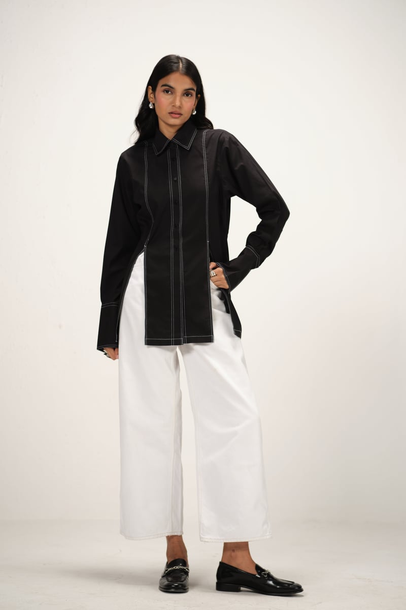 Black Poplin Longline Shirt with Contrast Topstitch