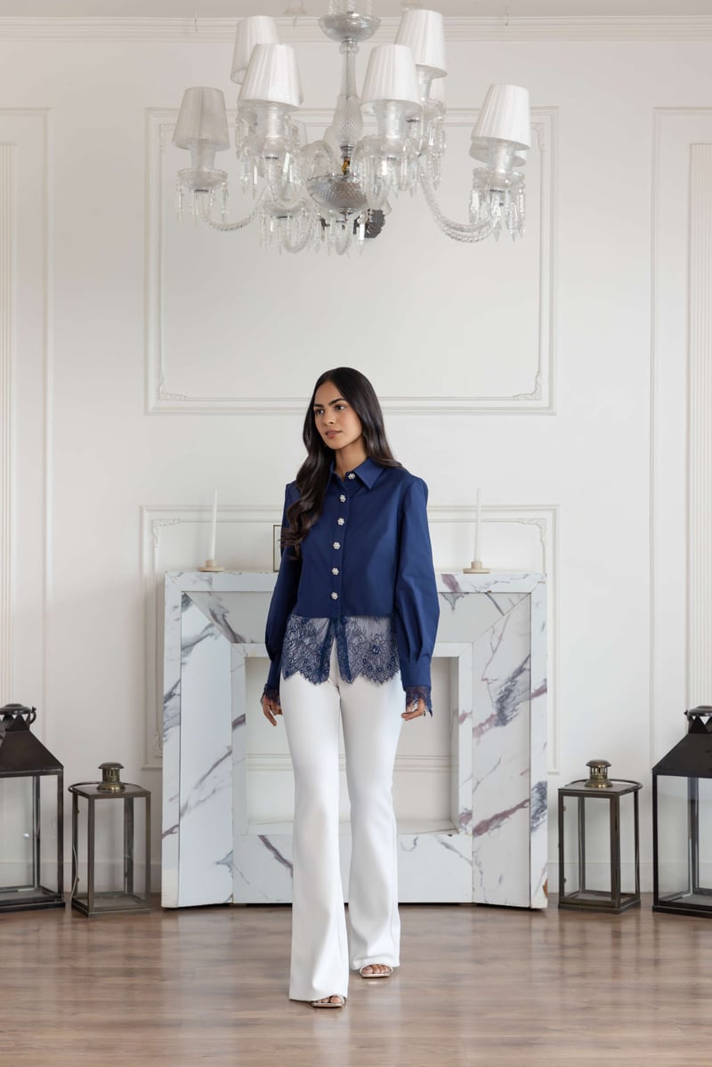 Aureal Blue French Lace Cotton Shirt
