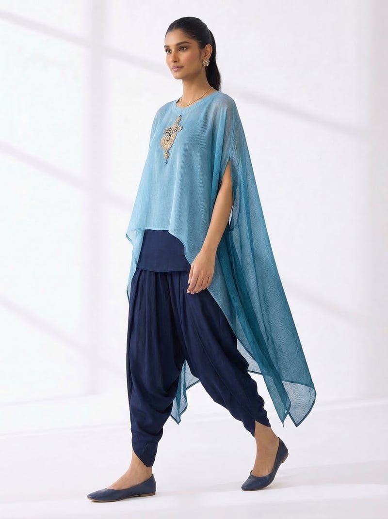 Ombre Ocean Blue Kaftan Dhoti Co-ord Set with Slip