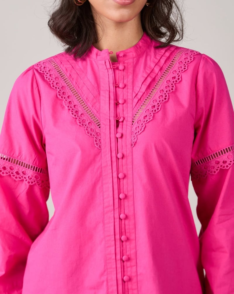 Pink Poplin Shirt Top with Lace Inserts and Mandarin Collar