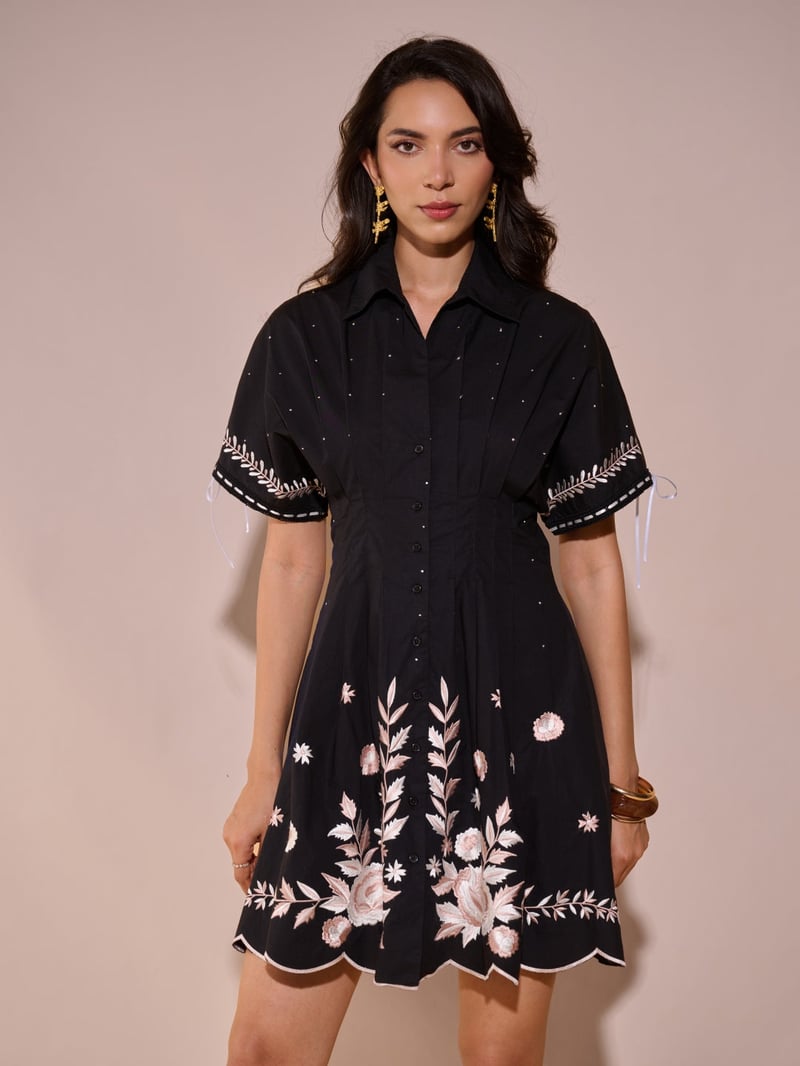 Black Embroidered Fit and Flare Mini Shirt Dress