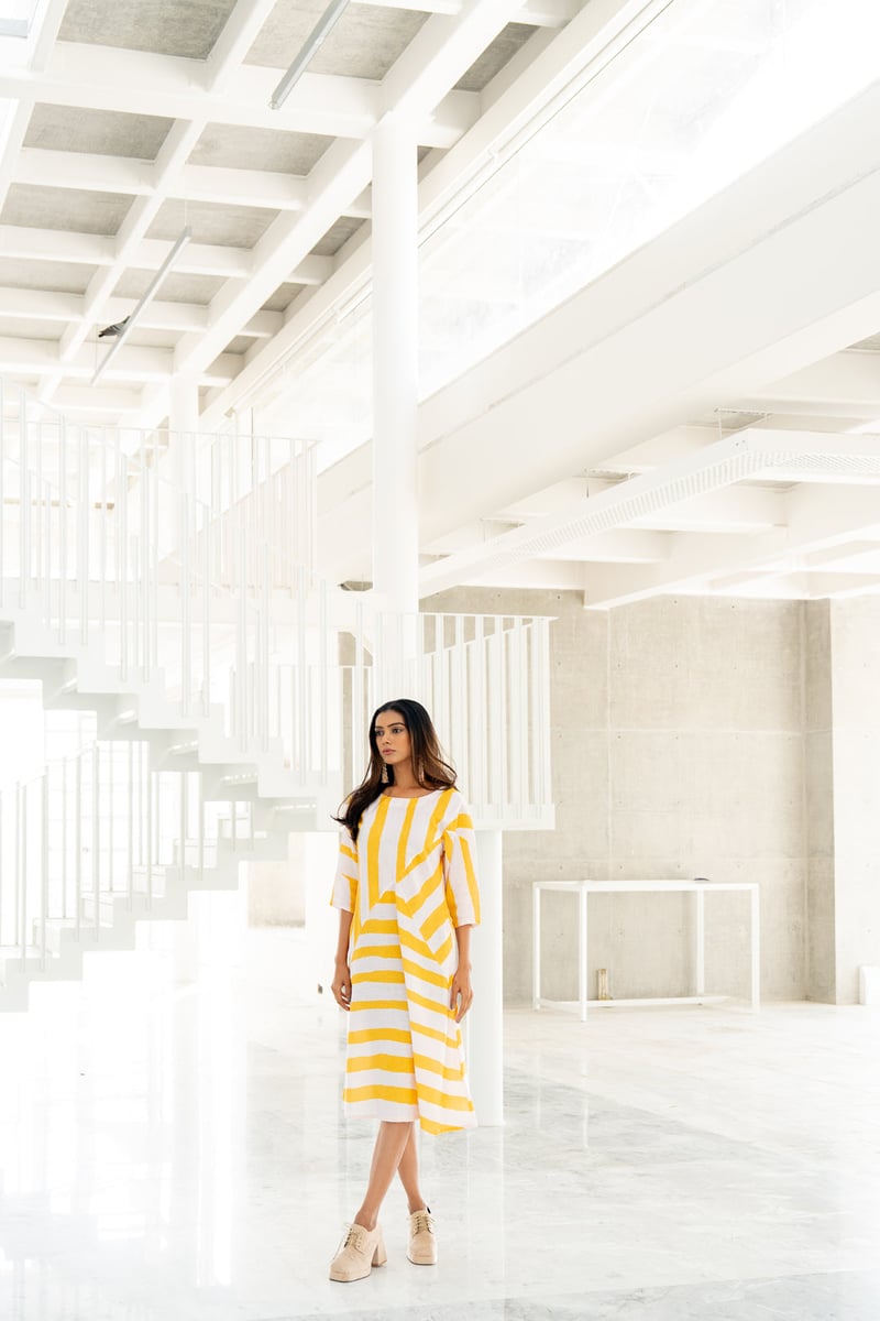 Yellow Striped Linen-Blend Midi Dress with Pockets