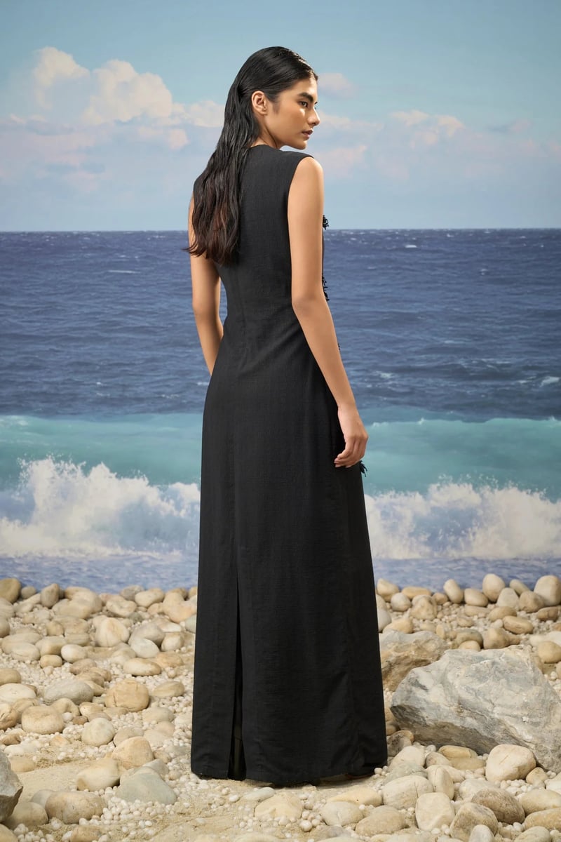 Black Textured Embellished Maxi Dress