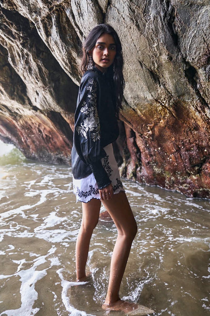 White Denim Shorts with Contrast Embroidered Scallop Hem