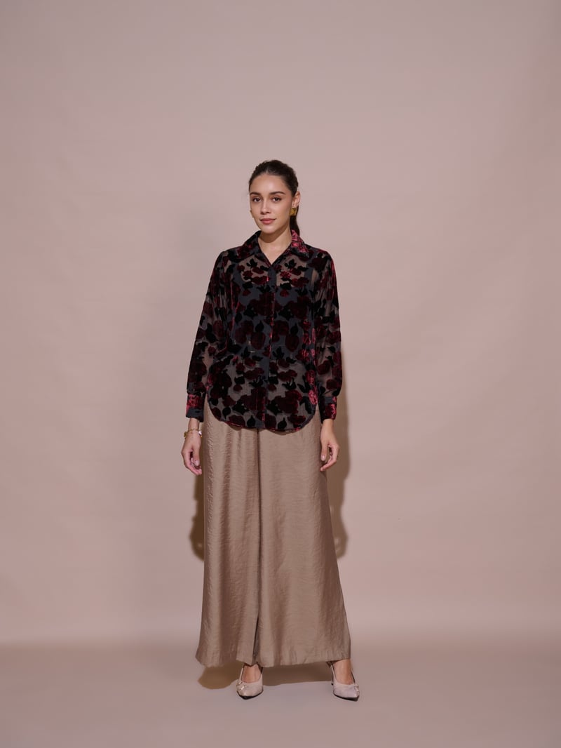 Black Sheer Mesh Shirt with Velvet Floral Overlay — Style Island