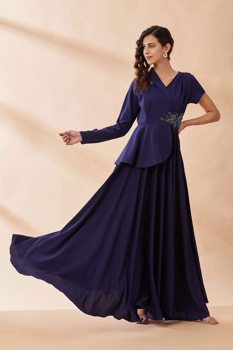 Navy Crystal-Embellished Blazer Gown Maxi Dress
