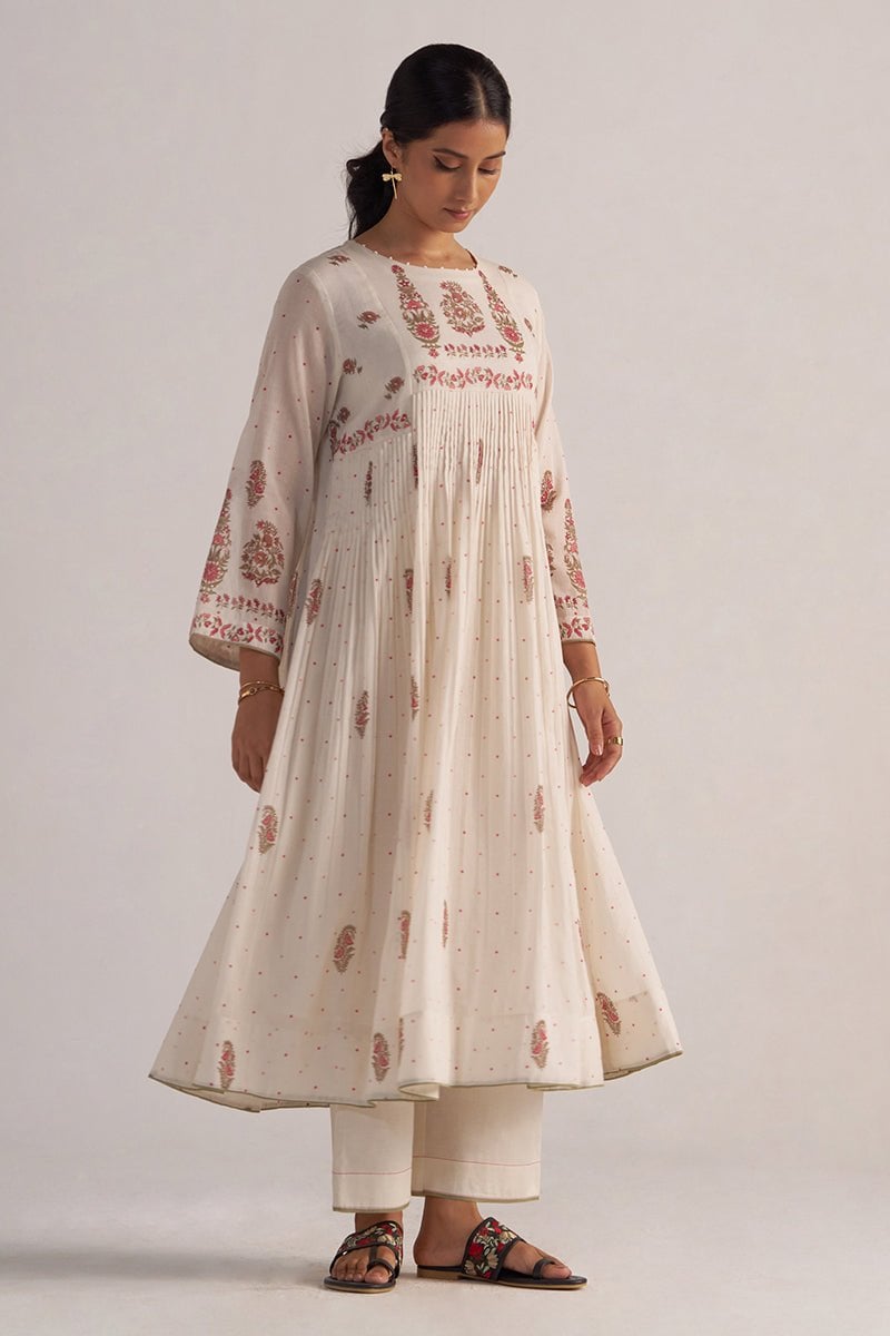 Antique White Printed A-Line Kurta and Pants Co-ord Set