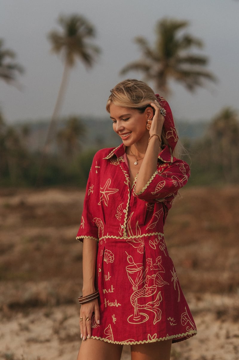 Red Printed Linen Button-Down Mini Shirt Dress