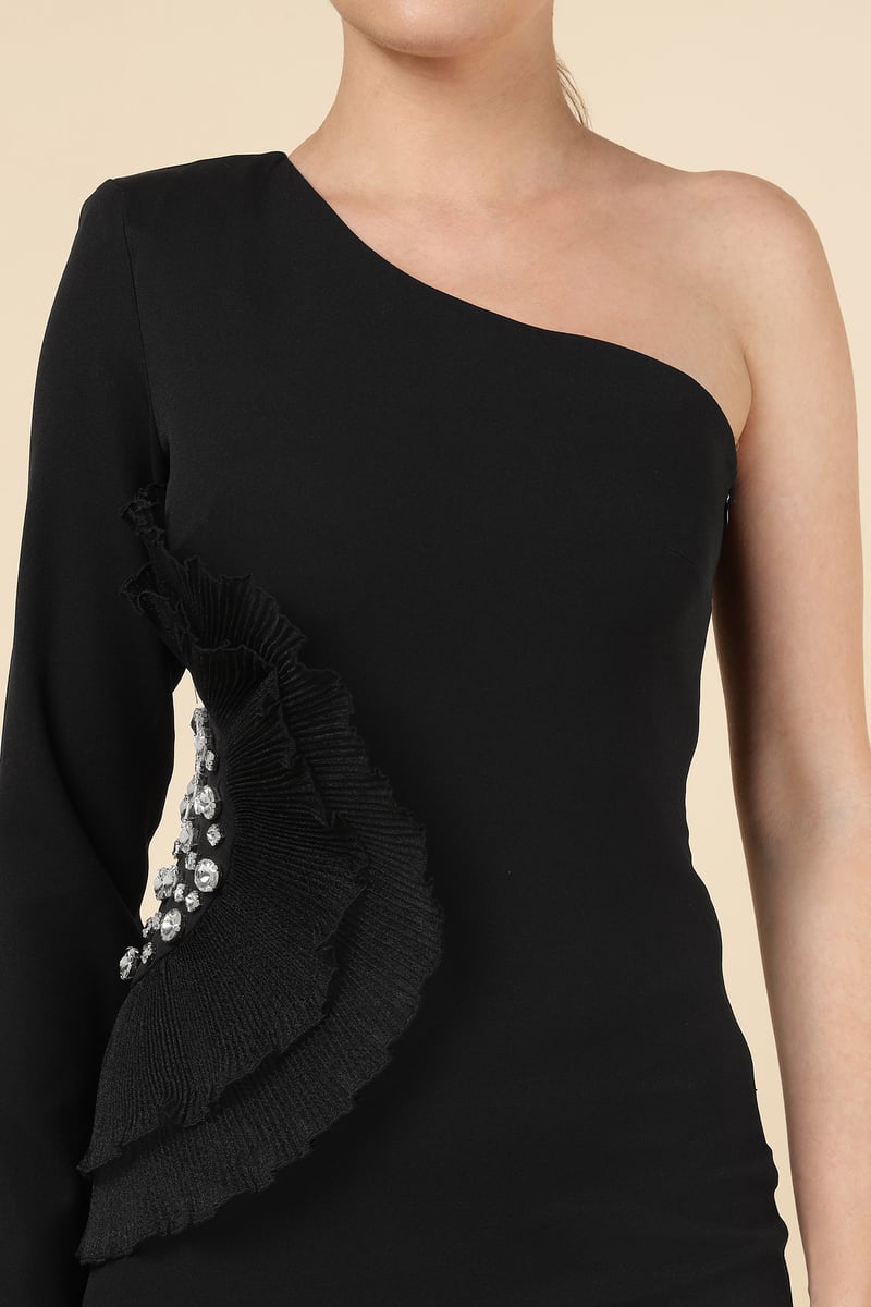 Black One-Shoulder Bodycon Midi Dress with Crystal Detail