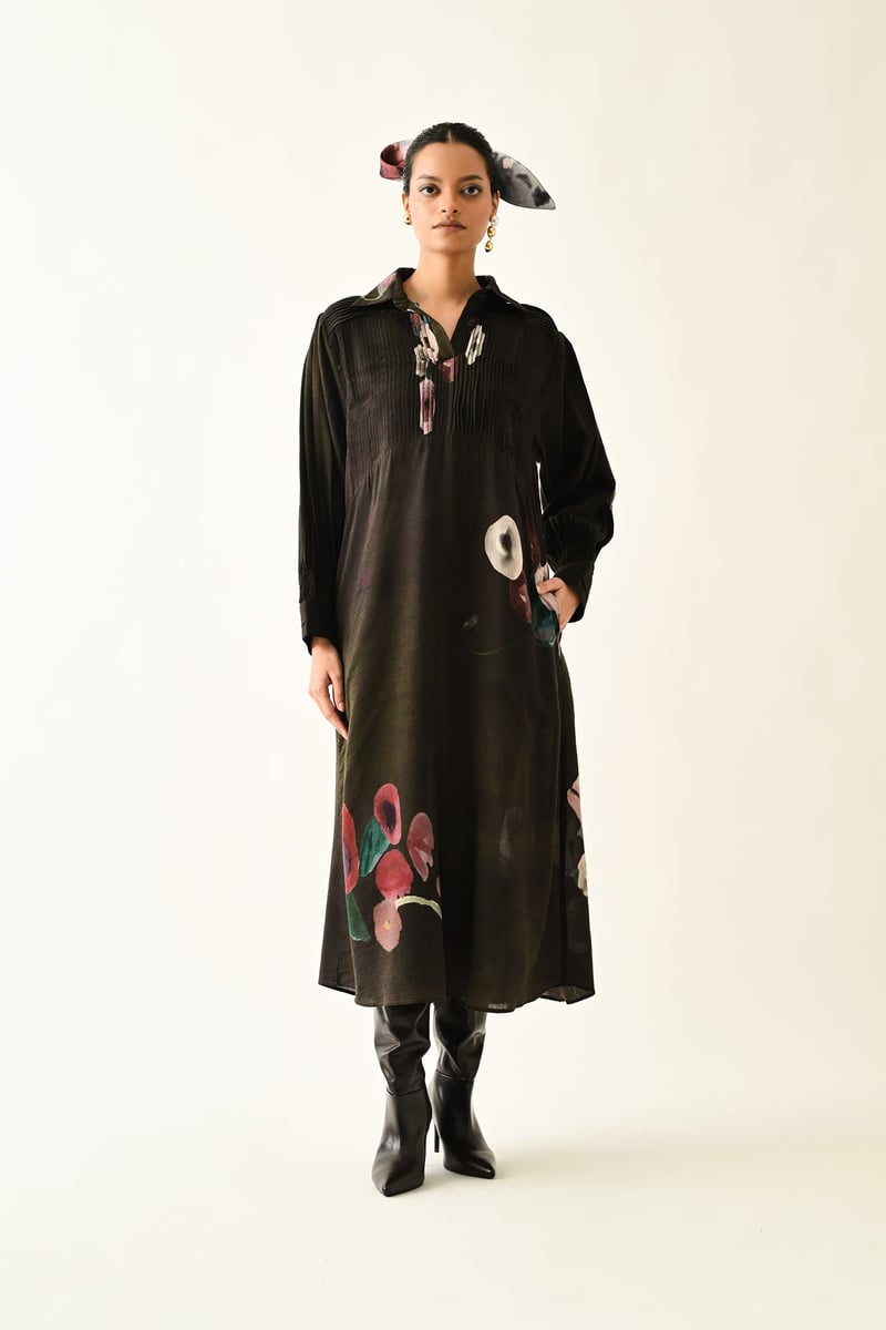 Brown Abstract Floral A-Line Midi Shirt Dress — Ofrida