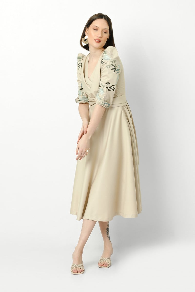 Oat Fit and Flare Midi Dress with Embroidered Sleeves