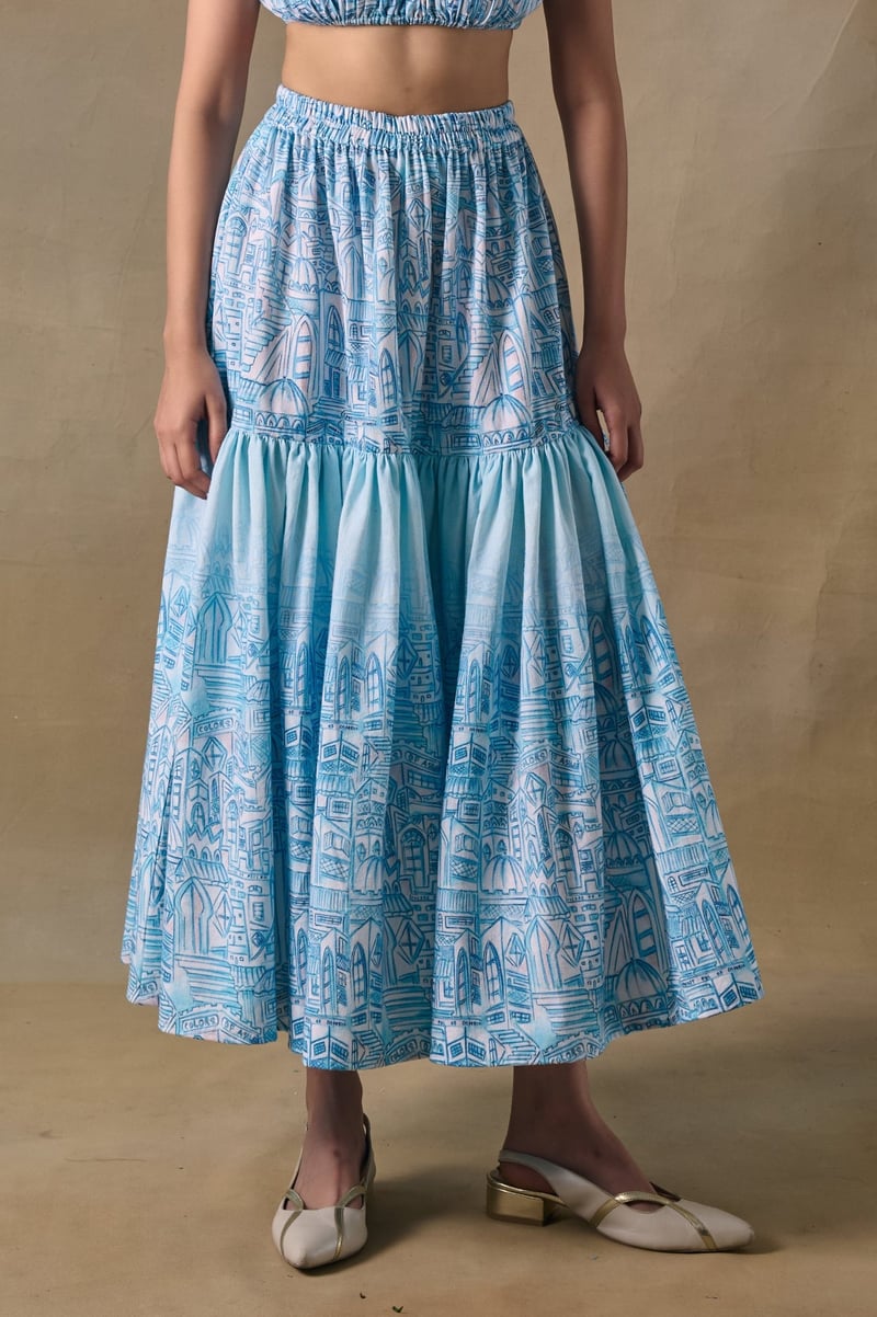 Blue Landscape Printed Tiered Midi Skirt with Side Ties — Pocketful Of Cherrie