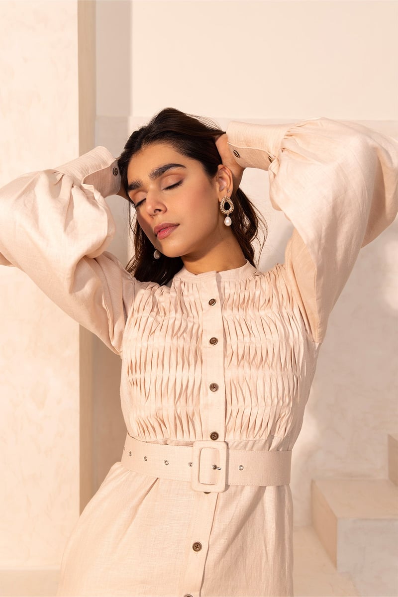 Beige Hemp Midi Shirt Dress with Belt